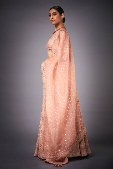 Buy_RI.Ritu Kumar_Peach Silk Lining Viscose V Neck Embroidered Bridal Lehenga Set _Online_at_Aza_Fashions