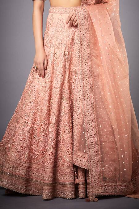 RI.Ritu Kumar_Peach Silk Lining Viscose V Neck Embroidered Bridal Lehenga Set _at_Aza_Fashions