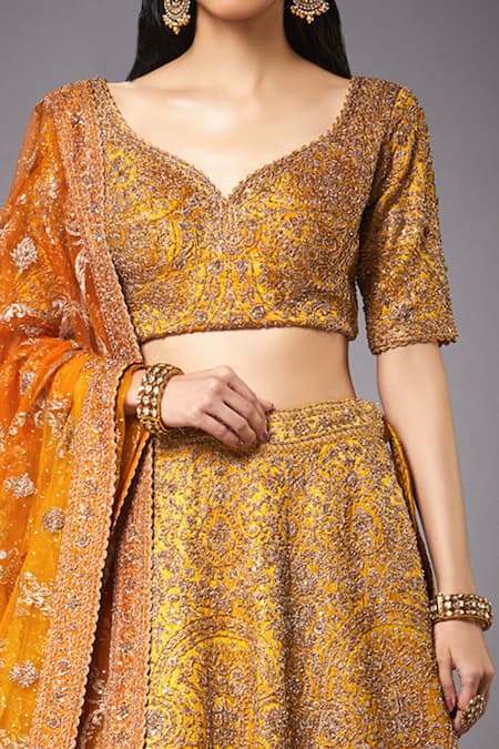 RI.Ritu Kumar Yellow Lehenga And Blouse Silk Lining & Dupatta Brocade Jamawar Bridal Set at Aza Fashions RI.Ritu Kumar_Yellow Lehenga And Blouse Silk Lining & Dupatta Brocade Jamawar Bridal Set _at_Aza_Fashions