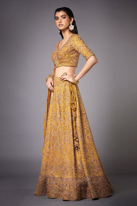 Buy RI.Ritu Kumar Yellow Lehenga And Blouse Silk Lining & Dupatta Brocade Jamawar Bridal Set Online at Aza Fashions Buy_RI.Ritu Kumar_Yellow Lehenga And Blouse Silk Lining & Dupatta Brocade Jamawar Bridal Set _Online_at_Aza_Fashions