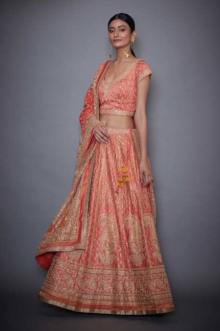 Buy RI.Ritu Kumar Coral Satin Embroidery V Neck Blouse Lehenga Set Online at Aza Fashions Buy_RI.Ritu Kumar_Coral Satin Embroidery V Neck Blouse Lehenga Set _Online_at_Aza_Fashions