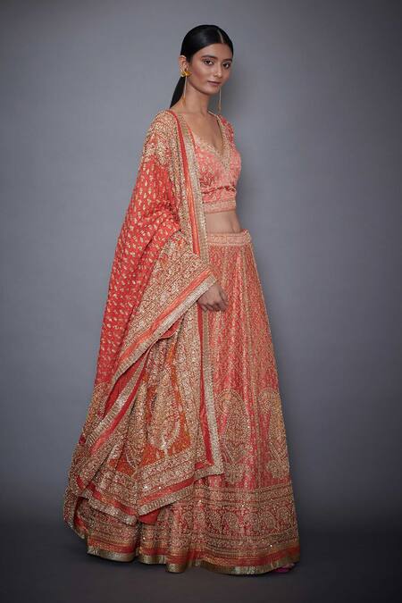 RI.Ritu Kumar Coral Satin Embroidery V Neck Blouse Lehenga Set Online at Aza Fashions RI.Ritu Kumar_Coral Satin Embroidery V Neck Blouse Lehenga Set _Online_at_Aza_Fashions