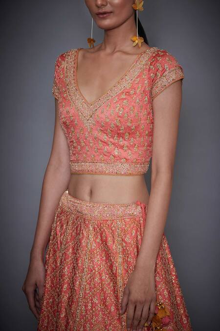 Shop RI.Ritu Kumar Coral Satin Embroidery V Neck Blouse Lehenga Set Online at Aza Fashions Shop_RI.Ritu Kumar_Coral Satin Embroidery V Neck Blouse Lehenga Set _Online_at_Aza_Fashions