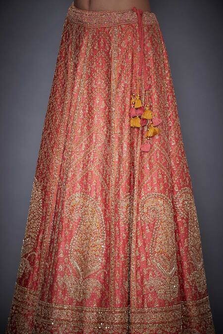 RI.Ritu Kumar Coral Satin Embroidery V Neck Blouse Lehenga Set at Aza Fashions RI.Ritu Kumar_Coral Satin Embroidery V Neck Blouse Lehenga Set _at_Aza_Fashions