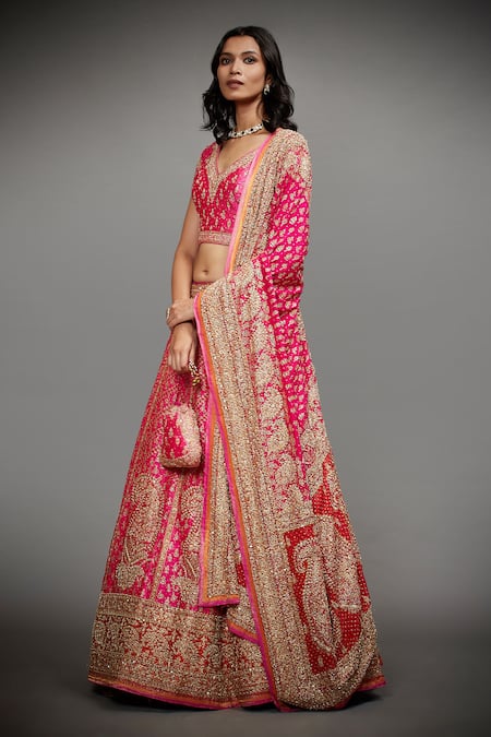 RI.Ritu Kumar Orange Satin Silk Printed Paisley Floral V Neck Embroidered Bridal Lehenga Set Online at Aza Fashions RI.Ritu Kumar_Orange Satin Silk Printed Paisley Floral V Neck Embroidered Bridal Lehenga Set _Online_at_Aza_Fashions