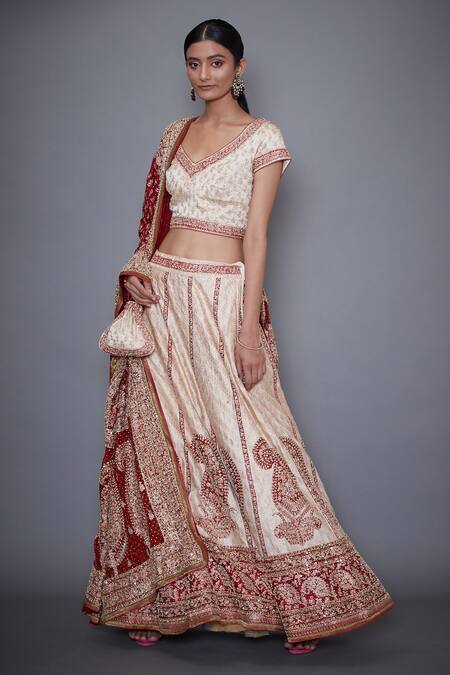 RI.Ritu Kumar Red Satin Leaf Neck Embroidered Lehenga Set Online at Aza Fashions RI.Ritu Kumar_Red Satin Leaf Neck Embroidered Lehenga Set _Online_at_Aza_Fashions