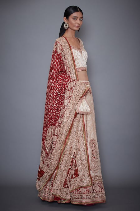 RI.Ritu Kumar Red Satin Leaf Neck Embroidered Lehenga Set 