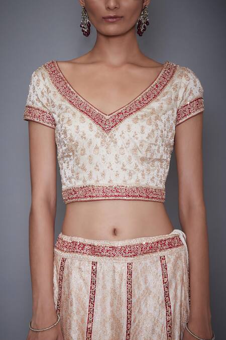 RI.Ritu Kumar Red Satin Leaf Neck Embroidered Lehenga Set at Aza Fashions RI.Ritu Kumar_Red Satin Leaf Neck Embroidered Lehenga Set _at_Aza_Fashions