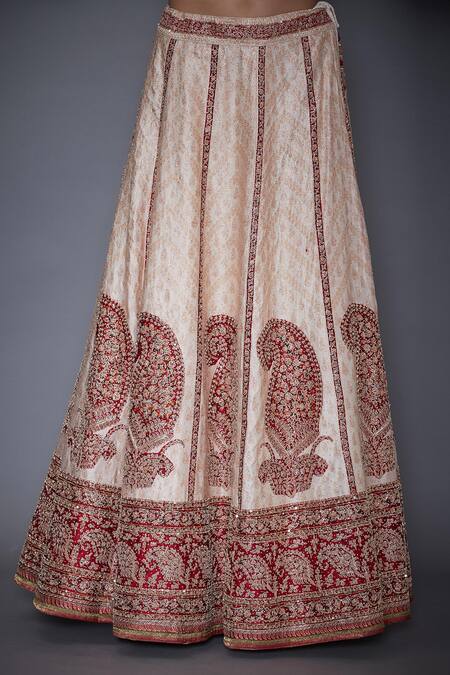 Shop RI.Ritu Kumar Red Satin Leaf Neck Embroidered Lehenga Set Online at Aza Fashions Shop_RI.Ritu Kumar_Red Satin Leaf Neck Embroidered Lehenga Set _Online_at_Aza_Fashions