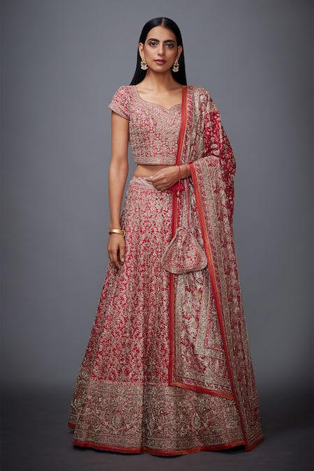 Buy_RI.Ritu Kumar_Pink Silk Satin Leaf Neck Embroidered Bridal Lehenga Set _Online_at_Aza_Fashions