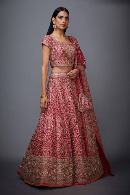 RI.Ritu Kumar_Pink Silk Satin Leaf Neck Embroidered Bridal Lehenga Set _Online_at_Aza_Fashions