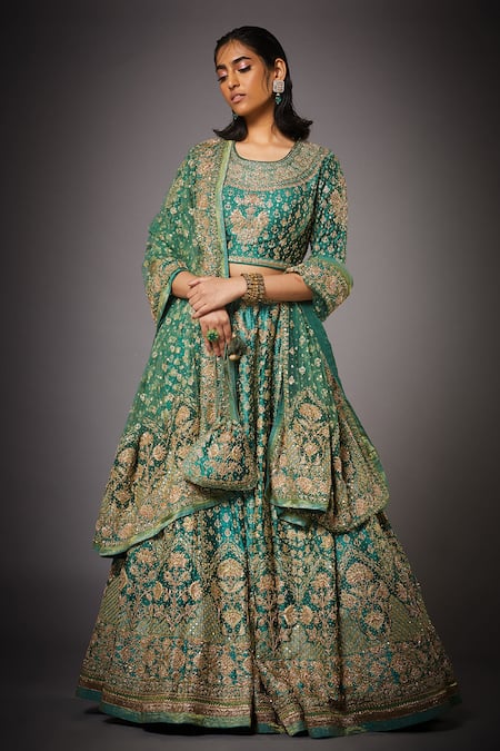 RI.Ritu Kumar Green Silk Satin Round Embroidered Bridal Lehenga Set 
