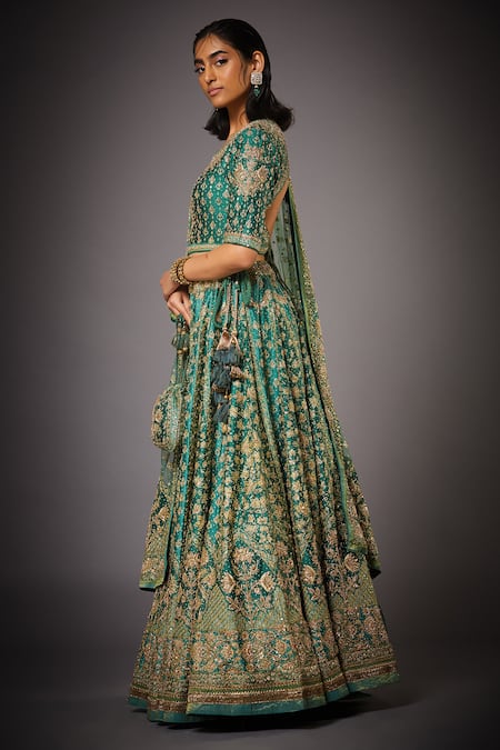 RI.Ritu Kumar Green Silk Satin Round Embroidered Bridal Lehenga Set Online at Aza Fashions RI.Ritu Kumar_Green Silk Satin Round Embroidered Bridal Lehenga Set _Online_at_Aza_Fashions