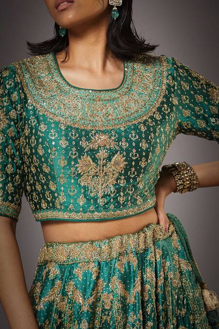 Shop RI.Ritu Kumar Green Silk Satin Round Embroidered Bridal Lehenga Set Online at Aza Fashions Shop_RI.Ritu Kumar_Green Silk Satin Round Embroidered Bridal Lehenga Set _Online_at_Aza_Fashions