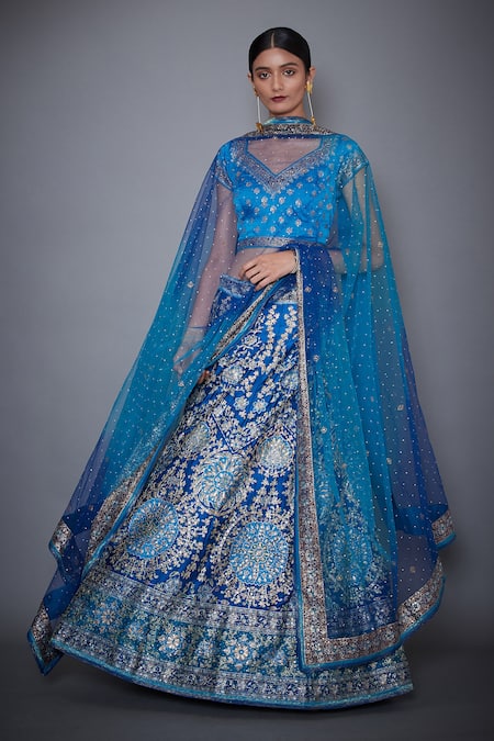 RI.Ritu Kumar Blue Silk Satin Sweetheart Neck Embroidered Bridal Lehenga Set 