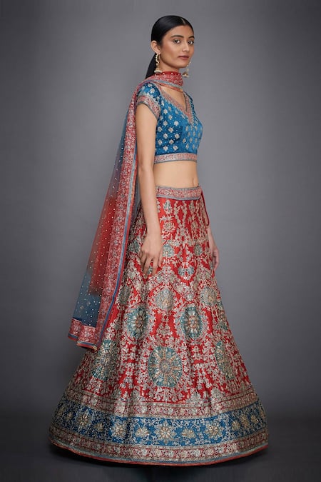 RI.Ritu Kumar_Blue V Neck Silk Bridal Lehenga Set _Online_at_Aza_Fashions