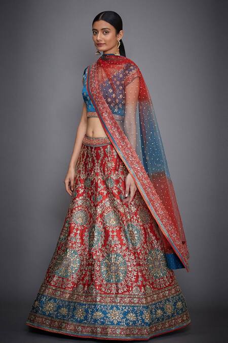 Buy_RI.Ritu Kumar_Blue V Neck Silk Bridal Lehenga Set _Online_at_Aza_Fashions