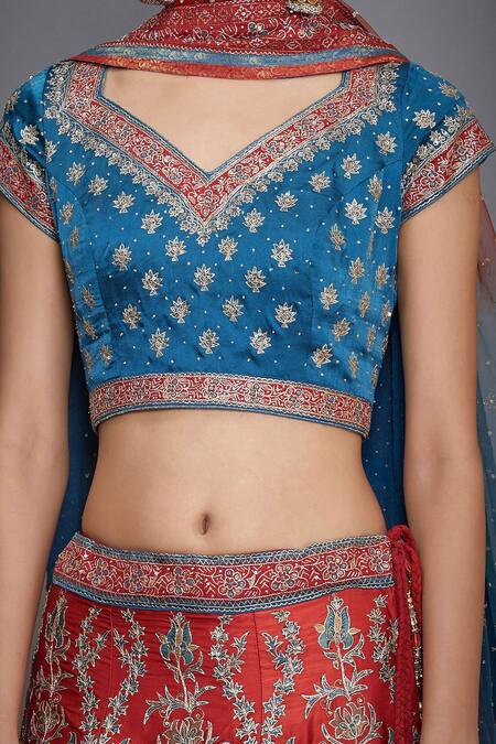 Shop_RI.Ritu Kumar_Blue V Neck Silk Bridal Lehenga Set _Online_at_Aza_Fashions