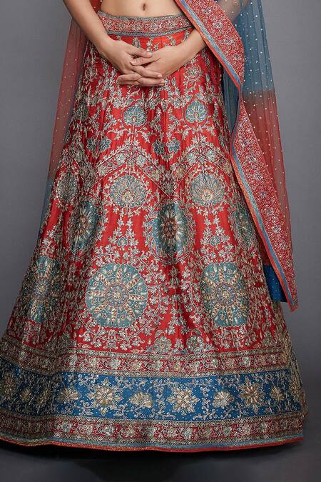 RI.Ritu Kumar_Blue V Neck Silk Bridal Lehenga Set _at_Aza_Fashions