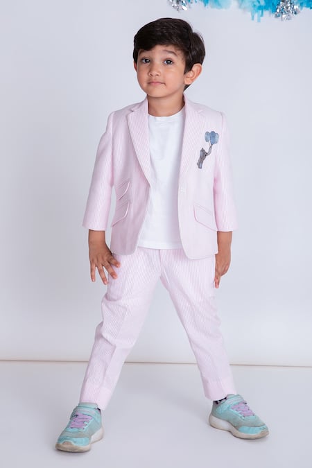 Shop Little Boys Closet Pink Cotton Embroidery Striped Suit Set at Aza Fashions Shop_Little Boys Closet_Pink Cotton Embroidery Striped Suit Set _at_Aza_Fashions