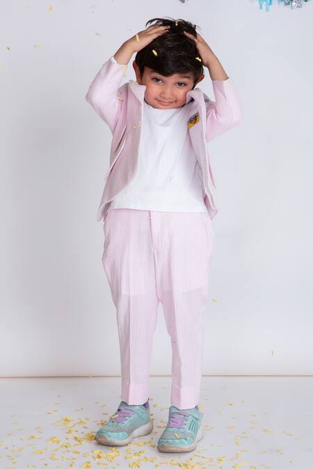 Shop Little Boys Closet Pink Cotton Embroidery Striped Suit Set Online at Aza Fashions Shop_Little Boys Closet_Pink Cotton Embroidery Striped Suit Set _Online_at_Aza_Fashions