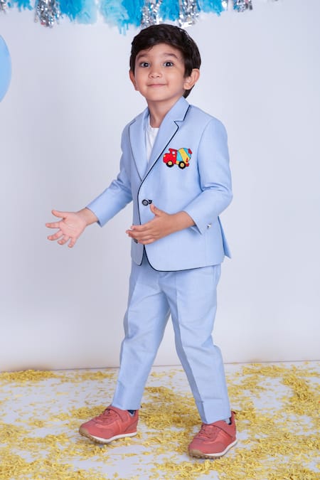 Shop Little Boys Closet Blue Suede Embroidery Suit Set at Aza Fashions Shop_Little Boys Closet_Blue Suede Embroidery Suit Set _at_Aza_Fashions