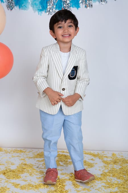 Little Boys Closet White Cotton Embroidery Striped Blazer With Pants Online at Aza Fashions Little Boys Closet_White Cotton Embroidery Striped Blazer With Pants _Online_at_Aza_Fashions