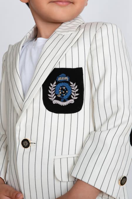 Shop Little Boys Closet White Cotton Embroidery Striped Blazer With Pants Online at Aza Fashions Shop_Little Boys Closet_White Cotton Embroidery Striped Blazer With Pants _Online_at_Aza_Fashions