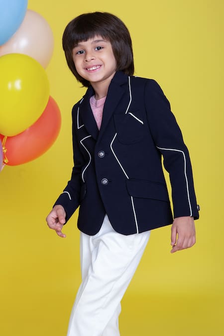 Buy_Little Boys Closet_Blue Polyester Patchwork Lapel Collar Blazer And Pant Set _Online_at_Aza_Fashions