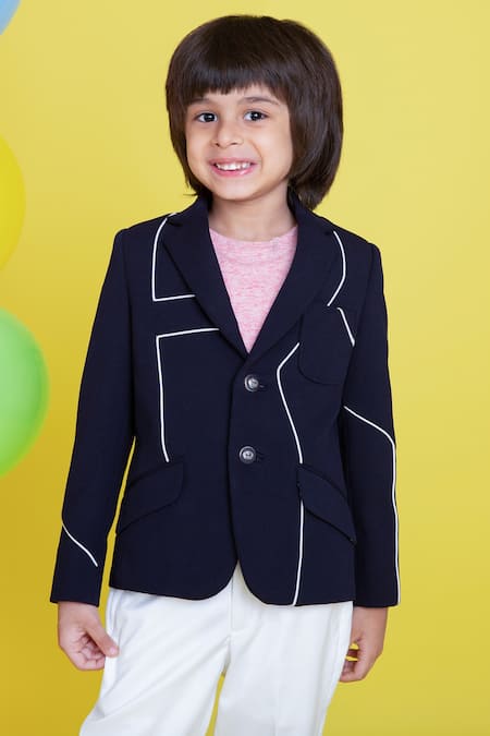 Shop_Little Boys Closet_Blue Polyester Patchwork Lapel Collar Blazer And Pant Set _Online_at_Aza_Fashions