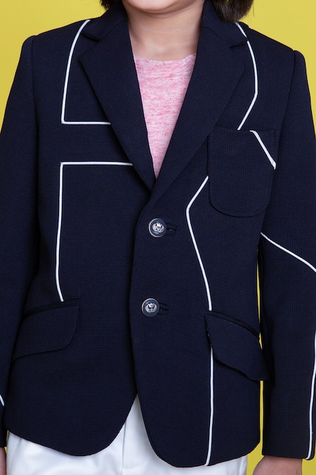 Little Boys Closet_Blue Polyester Patchwork Lapel Collar Blazer And Pant Set _at_Aza_Fashions