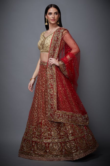 RI.Ritu Kumar Red Sequin Embroidered Bridal Lehenga Set 