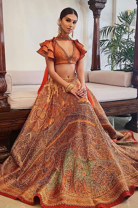 RI.Ritu Kumar Orange Shikarga Brocade V Neck Jamawar Lehenga Set