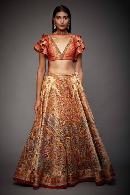 Buy_RI.Ritu Kumar_Orange Shikarga Brocade V Neck Jamawar Lehenga Set _Online_at_Aza_Fashions