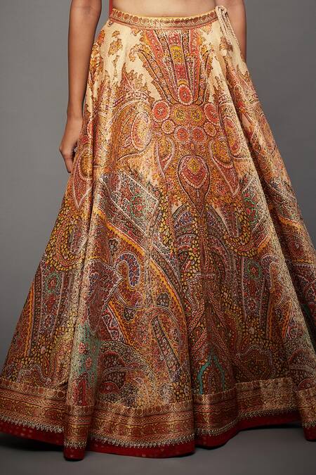 Shop_RI.Ritu Kumar_Orange Shikarga Brocade V Neck Jamawar Lehenga Set _Online_at_Aza_Fashions