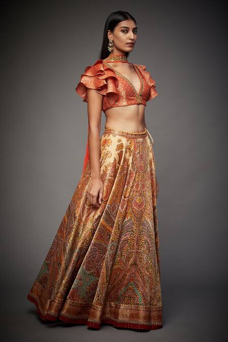 RI.Ritu Kumar_Orange Shikarga Brocade V Neck Jamawar Lehenga Set _Online_at_Aza_Fashions