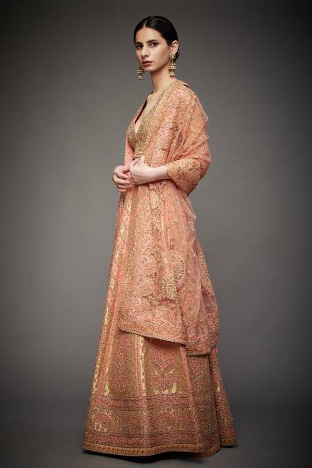RI.Ritu Kumar_Gold V Neck Silk Bridal Lehenga Set _Online_at_Aza_Fashions