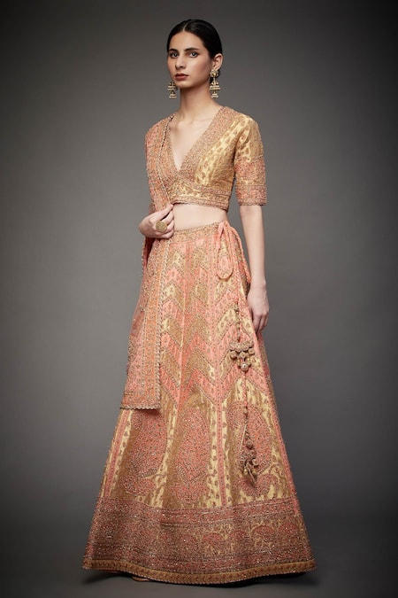 Buy_RI.Ritu Kumar_Gold V Neck Silk Bridal Lehenga Set _Online_at_Aza_Fashions