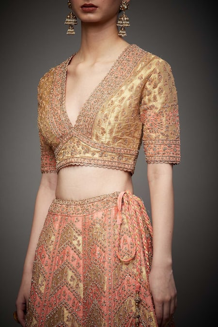 Shop_RI.Ritu Kumar_Gold V Neck Silk Bridal Lehenga Set _Online_at_Aza_Fashions