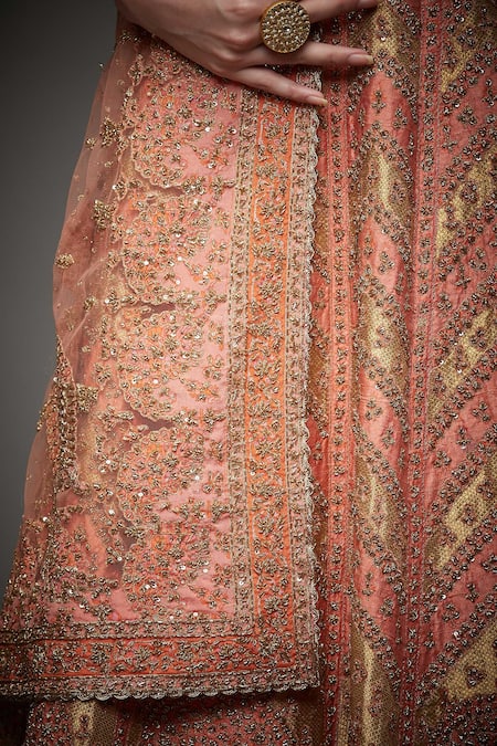 RI.Ritu Kumar_Gold V Neck Silk Bridal Lehenga Set _at_Aza_Fashions