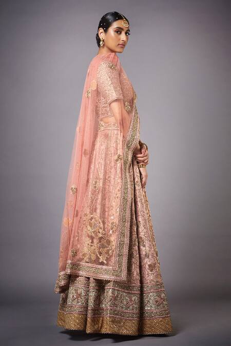 RI.Ritu Kumar_Pink V Neck Silk Embroidered Bridal Lehenga Set _Online_at_Aza_Fashions