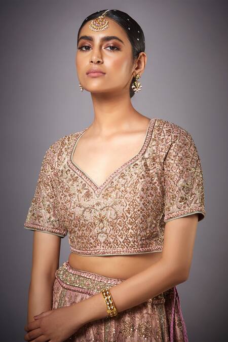 Shop_RI.Ritu Kumar_Pink V Neck Silk Embroidered Bridal Lehenga Set _Online_at_Aza_Fashions