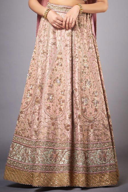 RI.Ritu Kumar_Pink V Neck Silk Embroidered Bridal Lehenga Set _at_Aza_Fashions