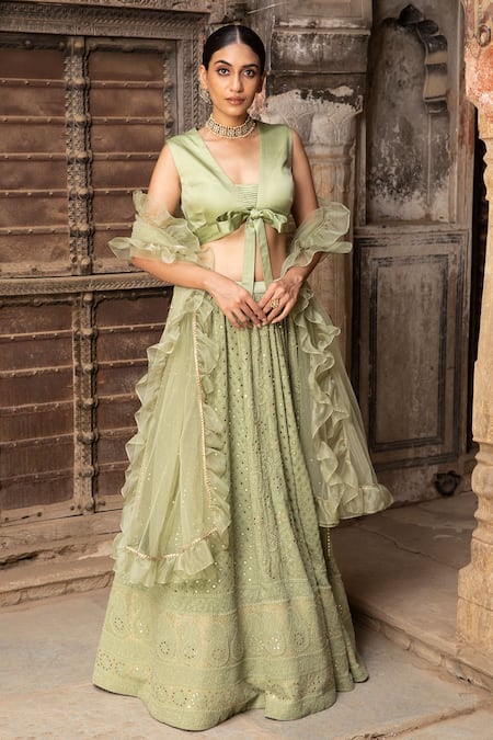 Buy Kritika Dawar Green Lehenga Georgette Blouse Silk Dupatta Net Lining Shantoon Set Online at Aza Fashions Buy_Kritika Dawar_Green Lehenga Georgette Blouse Silk Dupatta Net Lining Shantoon Set _Online_at_Aza_Fashions