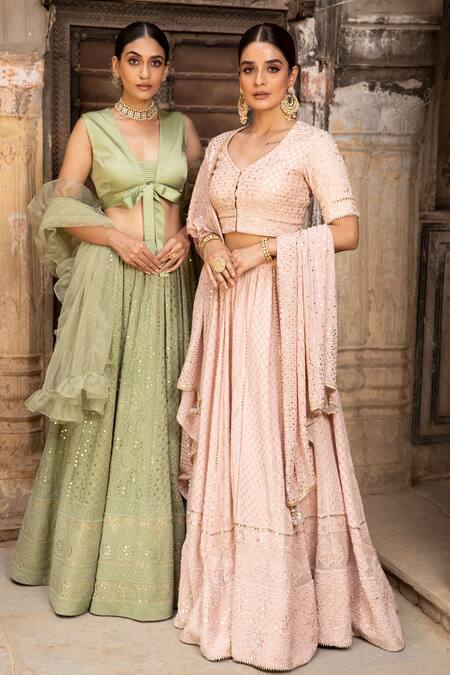 Shop Kritika Dawar Green Lehenga Georgette Blouse Silk Dupatta Net Lining Shantoon Set Online at Aza Fashions Shop_Kritika Dawar_Green Lehenga Georgette Blouse Silk Dupatta Net Lining Shantoon Set _Online_at_Aza_Fashions