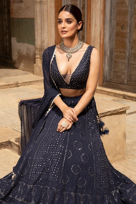 Buy_Kritika Dawar_Black Lehenga And Dupatta Georgette Blouse Chanderi Lining Shantoon Set _Online_at_Aza_Fashions
