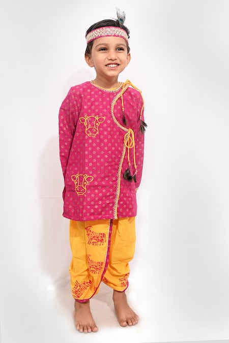 Little Brats Pink Kota Doria, Rayon Embroidery Printed Kurta And Dhoti Pant Set