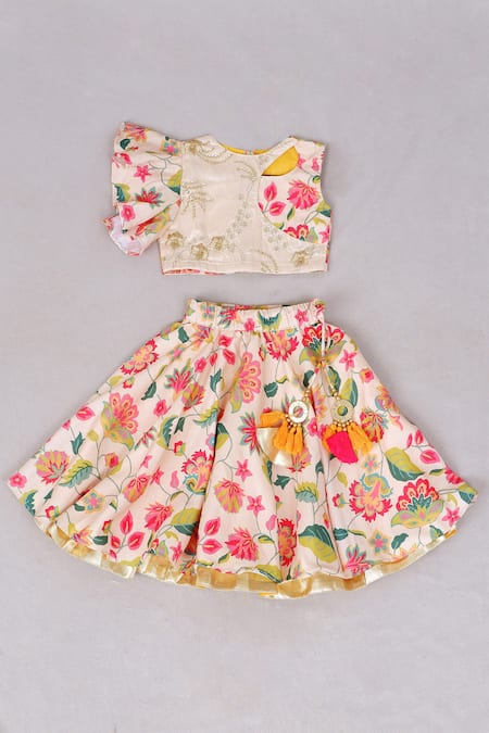 Shop_Little Brats_White Kota Doria, Rayon, Cotton Embroidery, Tassels Printed Lehenga And Blouse _Online_at_Aza_Fashions