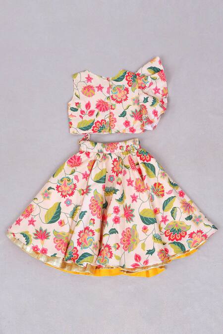 Little Brats_White Kota Doria, Rayon, Cotton Embroidery, Tassels Printed Lehenga And Blouse _at_Aza_Fashions