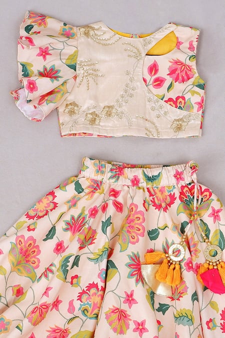 Buy_Little Brats_White Kota Doria, Rayon, Cotton Embroidery, Tassels Printed Lehenga And Blouse 